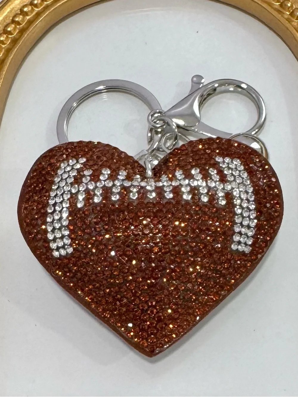 New Brown Football Crystal Heart Keychain